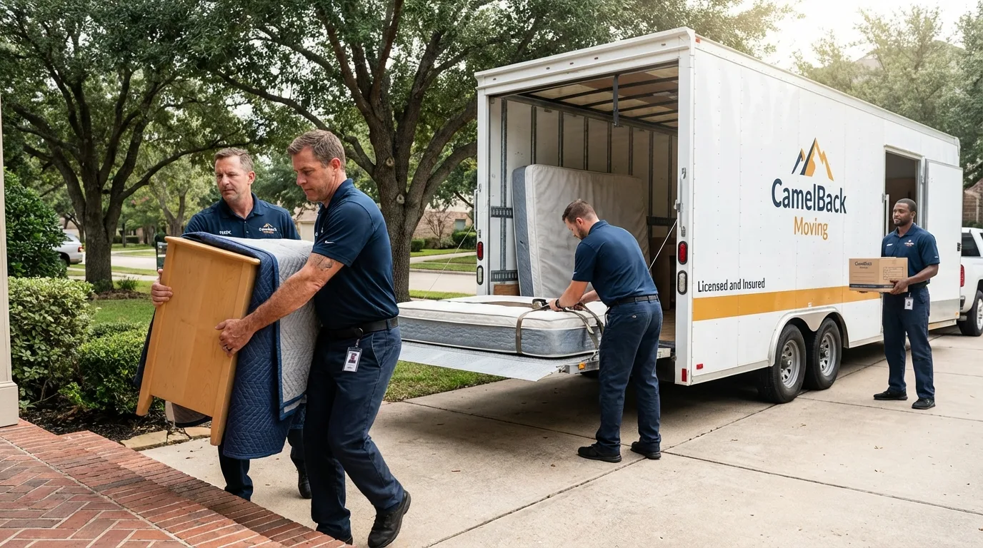 Crew loading residential truck for cross-state move from Oakdale, CA