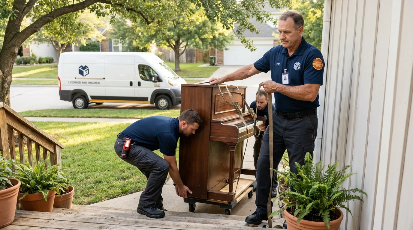 Licensed piano movers securing grand piano in Oakdale, CA