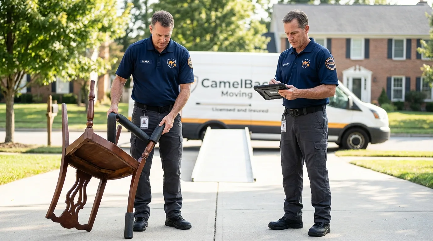 Movers inspecting furniture for damage prevention before loading in Oakdale, CA