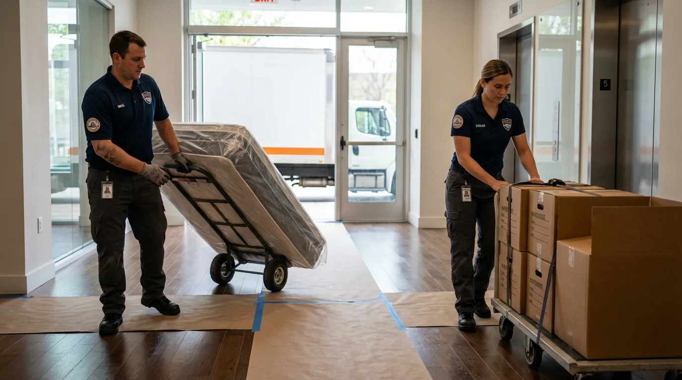 Professional apartment movers loading elevator in Oakdale, CA
